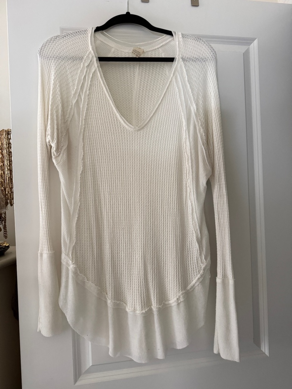Free People Ivory V-Neck Waffle Knit Long Sleeve Top